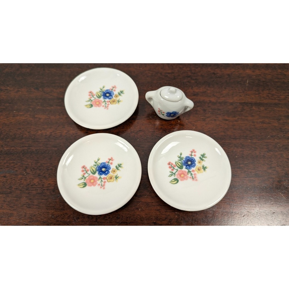 Vintage Strombecker Miniature Porcelain Dollhouse Tea Set Floral Plates Bowl